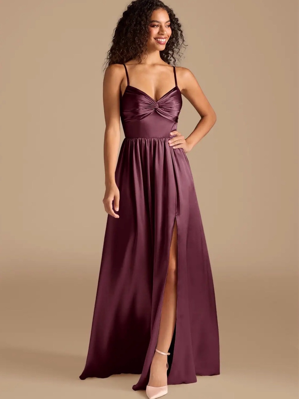 Azazie Satin Spaghetti Strap Maxi Dress in Plum